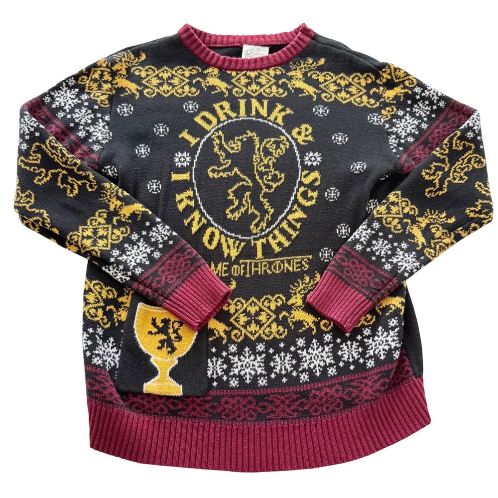 Game of Thrones Lannister Ugly Christmas‎ Sweater M I Drink I Know Things Koozie